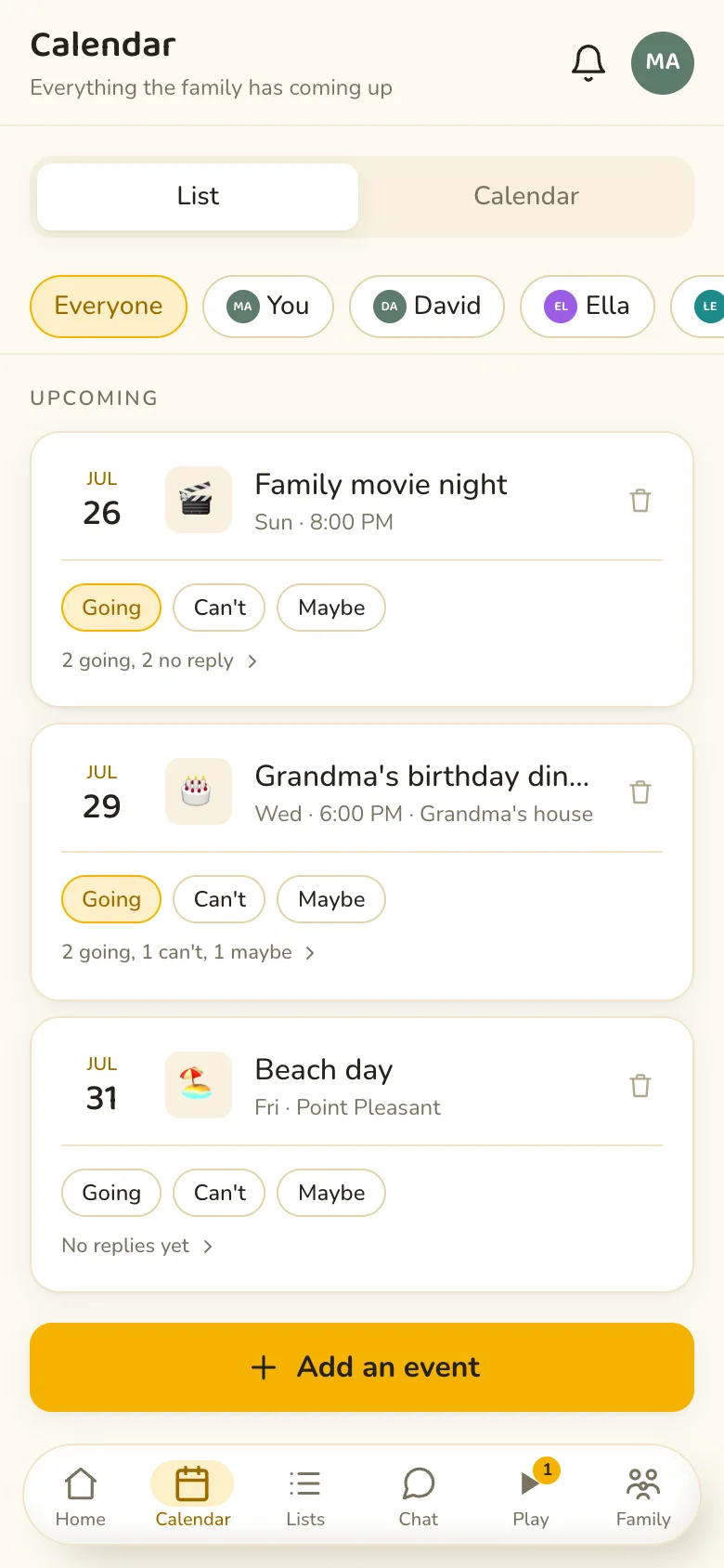 Tandem Family shared calendar with going, cant, and maybe RSVPs