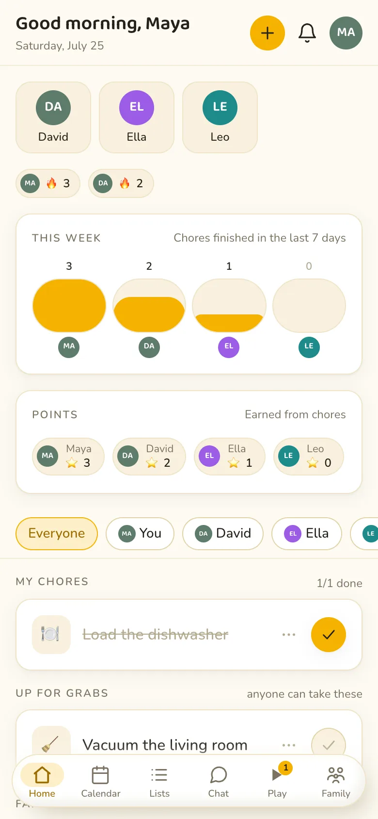 Tandem Family home screen with the family's shared chores