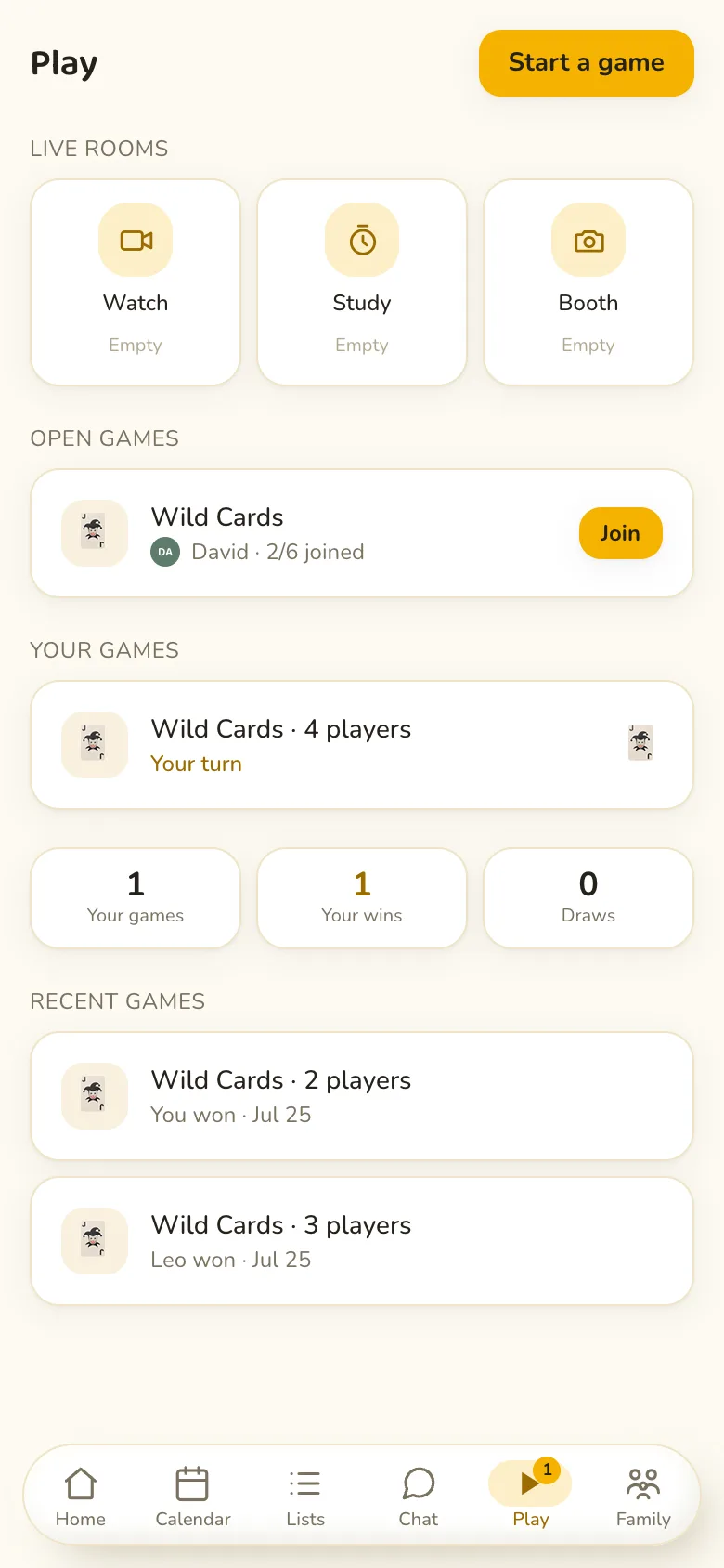 Tandem Family games lobby with Scrabble, Chess, Connect 4, Checkers, Battleship, and Wild Cards