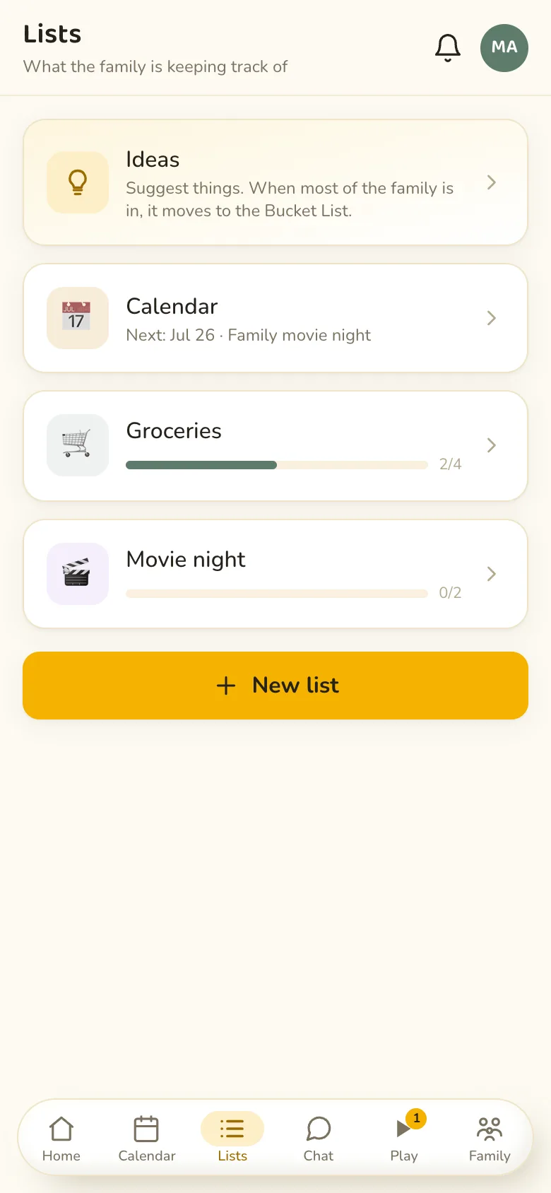 Tandem Family shared grocery and custom lists